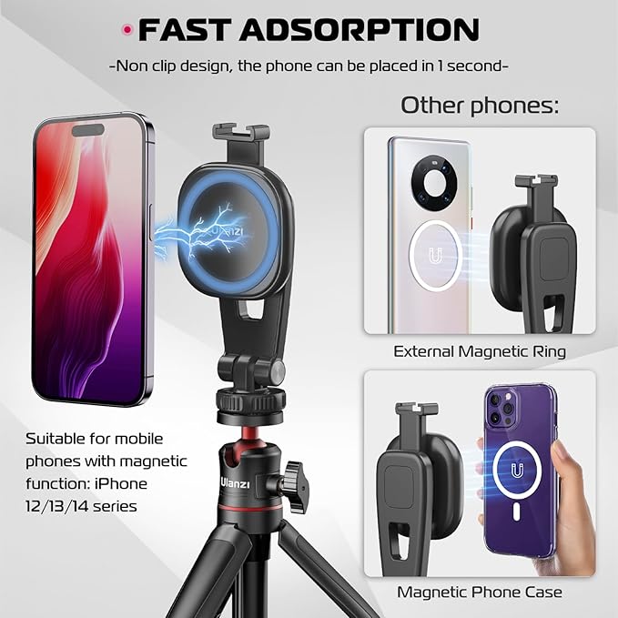 ULANZI Magnetic iPhone Tripod Mount MA23, Magnet Phone Holder Adapter Tripod Attachment Compatible with MagSafe Only for iPhone 12 13 14 15 16 Plus Pro Max All Series