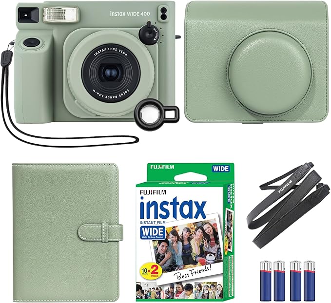 Fujifilm INSTAX Wide 400 Instant Camera Green + MiniMate Accessory Bundle & Compatible Custom Case + Fuji Film Value Pack 20 Sheets Accessories Bundle with Album