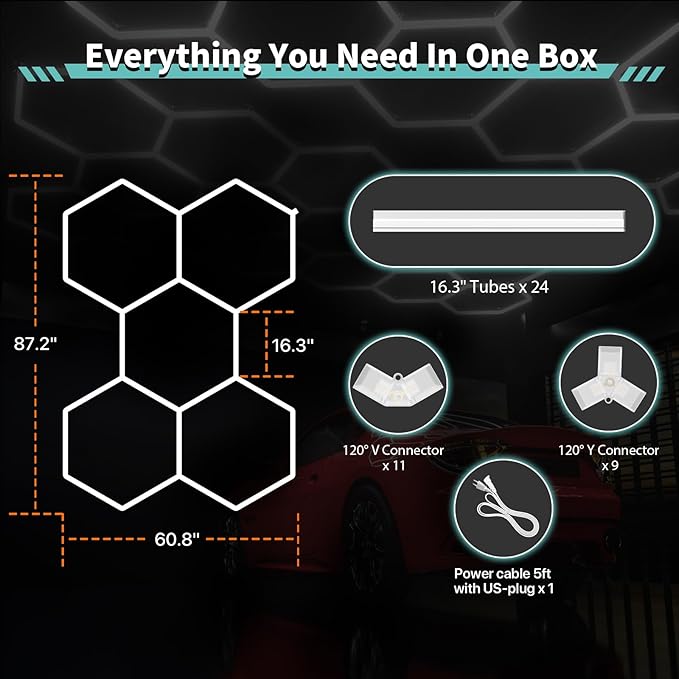Hexagon Garage Lights: 168W 5 Grids LED Garage Lights - Easy Install 6500K Super Bright Honeycomb Light for Workshop Warehouse Car Detailing Shop Exhibition Hall Gym