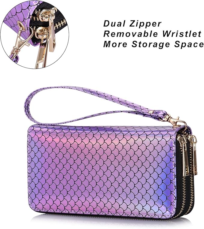 Cellphone Wallet for Women Dual Zipper Long Purse with Removable Wristlet