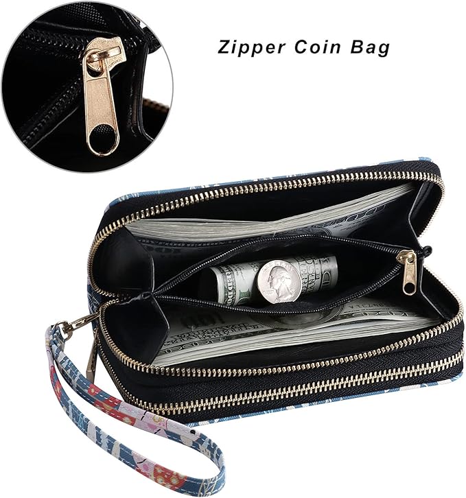 Cellphone Wallet for Women Dual Zipper Long Purse with Removable Wristlet