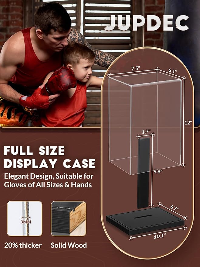 JupDec Boxing Glove Display Case, Clear Acrylic Showcase with Wood Base & Plank for Single Glove, Full Size UV Protection Souvenirs and Collectibles Box, Ideal Gift for Boxing Fans, Black