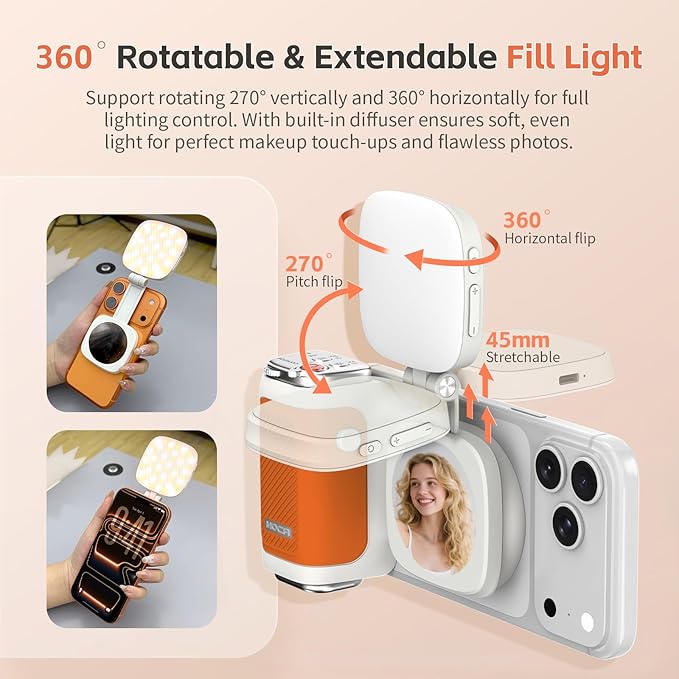 COMITOK iPhone Camera Grip MOCA with Magnet Fill Light & Mirror for 17 Pro iOS26 Native Camera, Fun Shot Magnetic Grip for Phone Compatible iOS17 and iOS18 with Anti-Drop Detachable Remote & Keychain