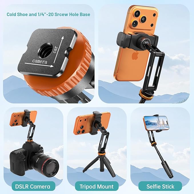 Phone Tripod Mount with Cold Shoe Mount,Portable Tripod Stand,Flexible Adjustable 2-Stage Arms Ball Joint Cellphone Holder Adapter,Compatible with iPhone 17|16|15|14|13|12|11,Nexus,LG,Galaxy Tab
