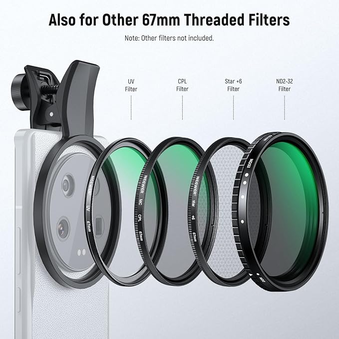 NEEWER 67mm Clip On Black Diffusion 1/4 Filter for Phone, Photography Camera Lens Accessories Kit Compatible with Android Samsung S25 Ultra Google Pixel Huawei Xiaomi, FL-B20