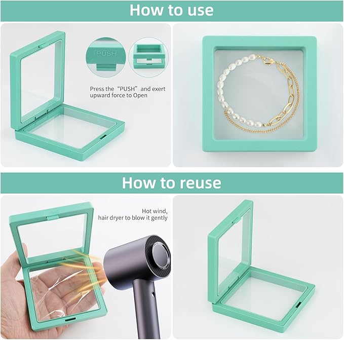 20 Pcs 3D Floating Display Case 3.5x3.5x0.8inch, Challenge Coin Display,Transparent PE Jewelry Storage Box,Floating Display Holder Stands for Antique Challenge Coins Medallion Stamps(Blue Green White)