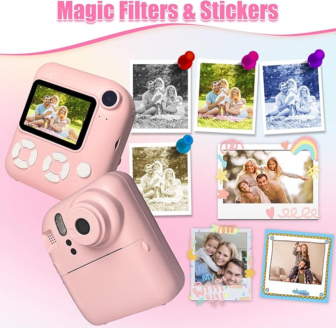 Instant Print Camera for Kids, Christmas Birthday Gifts for Kids Ages 3-12, 16X Zoom,1080P Vedio Selfie Digital Camera,Toddler Portable Toy for Girls and Boys with 32GB TF Card (Pink)