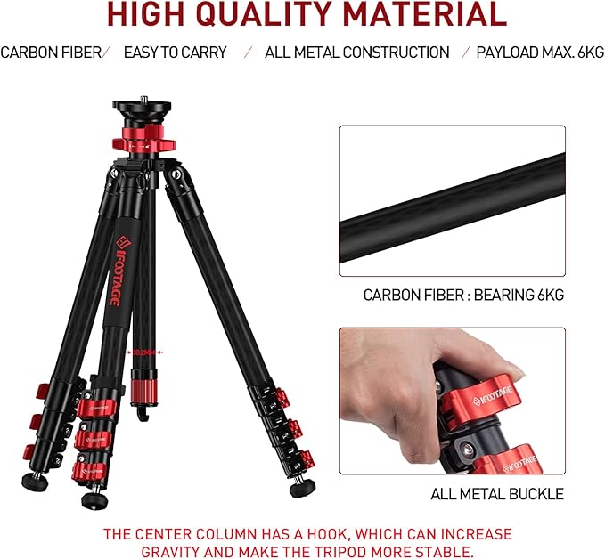IFOOTAGE TC5S Carbon Camera Tripod, Professional 4-Section Center Pole Video Tripod, 360 ° Rotation Ball Head 59“