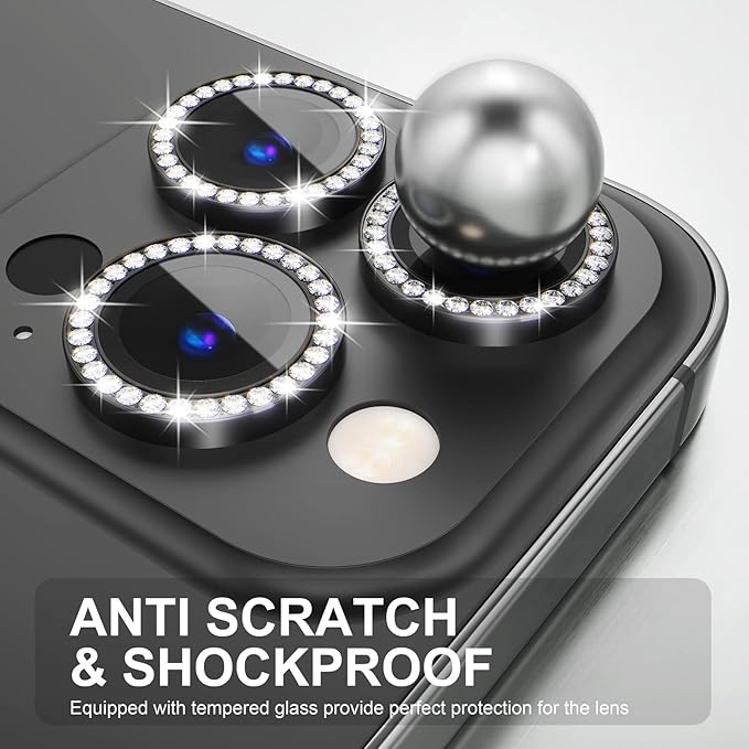 Choiche Compatible for iPhone 14 Pro/iPhone 14 Pro Max Camera Lens Protector Bling, 9H Tempered Glass Camera Cover Screen Protector Metal Ring Decoration Accessories (Diamond-Black)