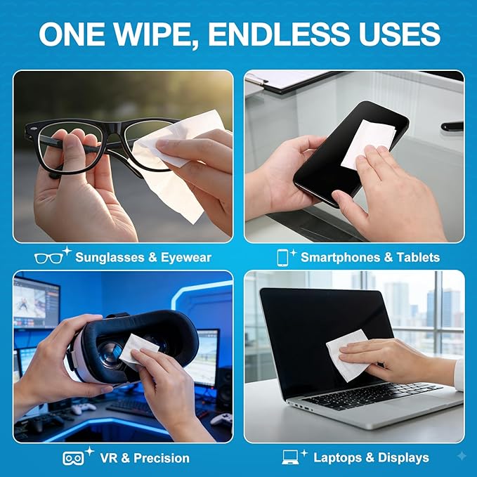SmoTecQ Lens Wipes for Eyeglasses (180 Count + 2 Cloths) – Pre-Moistened Lens Cleaner for Coated Lenses, Sunglasses, Camera & Screens – Ammonia-Free, Streak-Free, Individually Wrapped