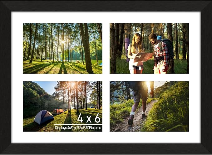 4"x6" Photo Collage Frame 4 Openings, 9.5"x13.5" Multi Picture Frame Collage Wall Decor Wooden, Black Frame with White Mat, Wood