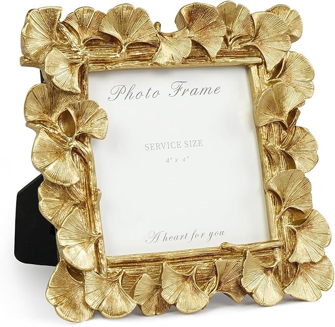 Cuspin 4x4 Picture Frame Square, Small Gold Vintage Ornate Frame Leaf Textured Hand-Crafted Resin with Glass Front, Antique Photo Frames for Tabletop Display, Retro Design Home Decor