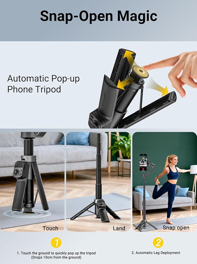 AOCHUAN 360° Pan Rotation Gimbal Stabilizer for iPhone, Magnetic Remote Control, 3-Axis Stabilizer w/Built-in Extension Rod & One-Touch Open Tripod, 3-in-1 Foldable Phone Gimbal for Vlogging, Travel