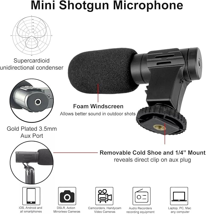 Universal Mini Shotgun Microphone for Smartphones, Camcorders, Camera Microphone for DSLR for YouTube, Vlogging, Live Stream, Tiktok & Filming with 3.5mm Plug Cable