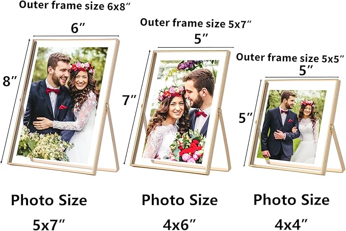 Gold Floating Picture Frames Set of 3,Metal Geometric Photo Frame with Glass Cover Includes(5x7'',4x6'',4x4'')Tabletop Floating Picture Frames for Home Wedding Decoration,Gift for Father's Day