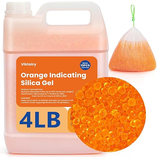 4LBS Desiccant Beads, Premium Orange Indicating Reusable Silica Gel Beads Bulk, Industry Standard 3-5 mm Desiccant Dehumidifier for 3D Filament, Electronic Devices, Camera, Documents, Safe (10PCS Bags