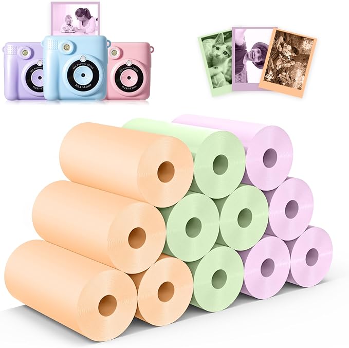 Hikkon 12 Rolls Kids Instant Camera Thermal Print Paper Refill - 3 Colors (Pink, Blue, Yellow) Compatible with Most Children Instant Print Cameras