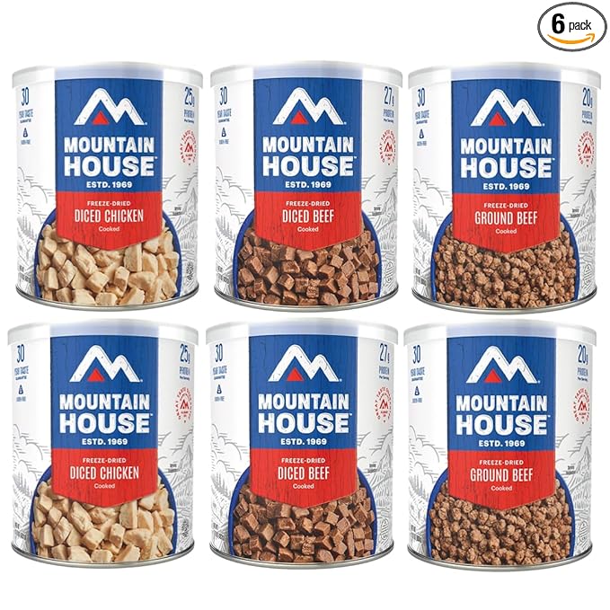 Mountain House Freeze-Dried Protein Pack Sampler – 6 Cans of Diced Chicken, Diced Beef & Ground Beef – 102 Total Servings – Fully Cooked High-Protein Emergency Survival Food for Camping, Hiking & Long-Term Storage – 30-Year Shelf Life – Made in USA