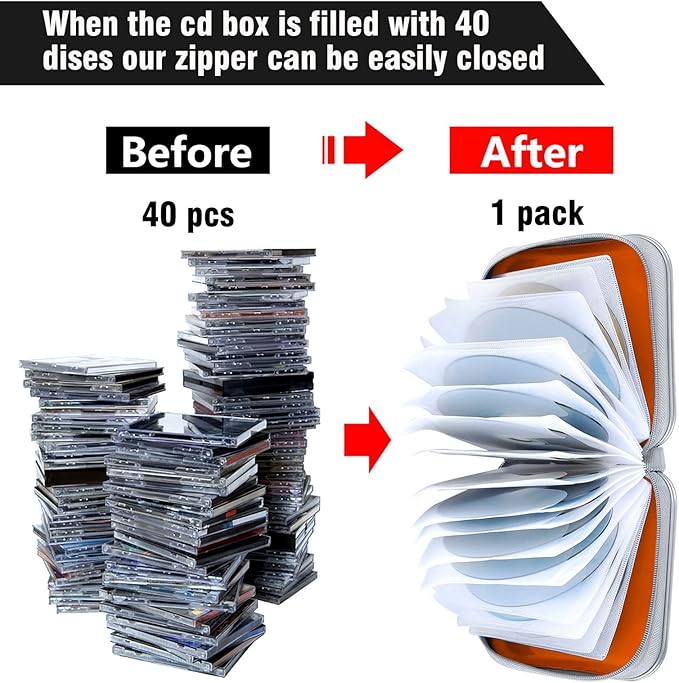 CD Case, 40 Capacity CD/DVD Case Holders Wallet Hard Plastic DVD Disc Cases Storage Binder for Car Home Office Travel (Orange)