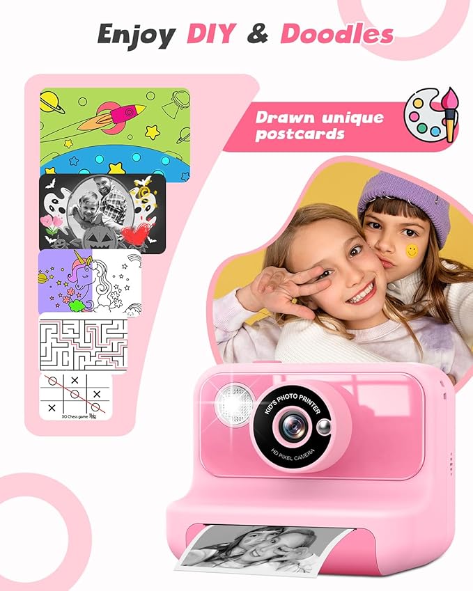 Instant Print Camera for Kids, 1080P Digital Video Cameras, Christmas Birthday Gifts Toys for Age 3-12, Toddler Camera for 4 5 6 7 8 9 10 Year Old Girls - Pink