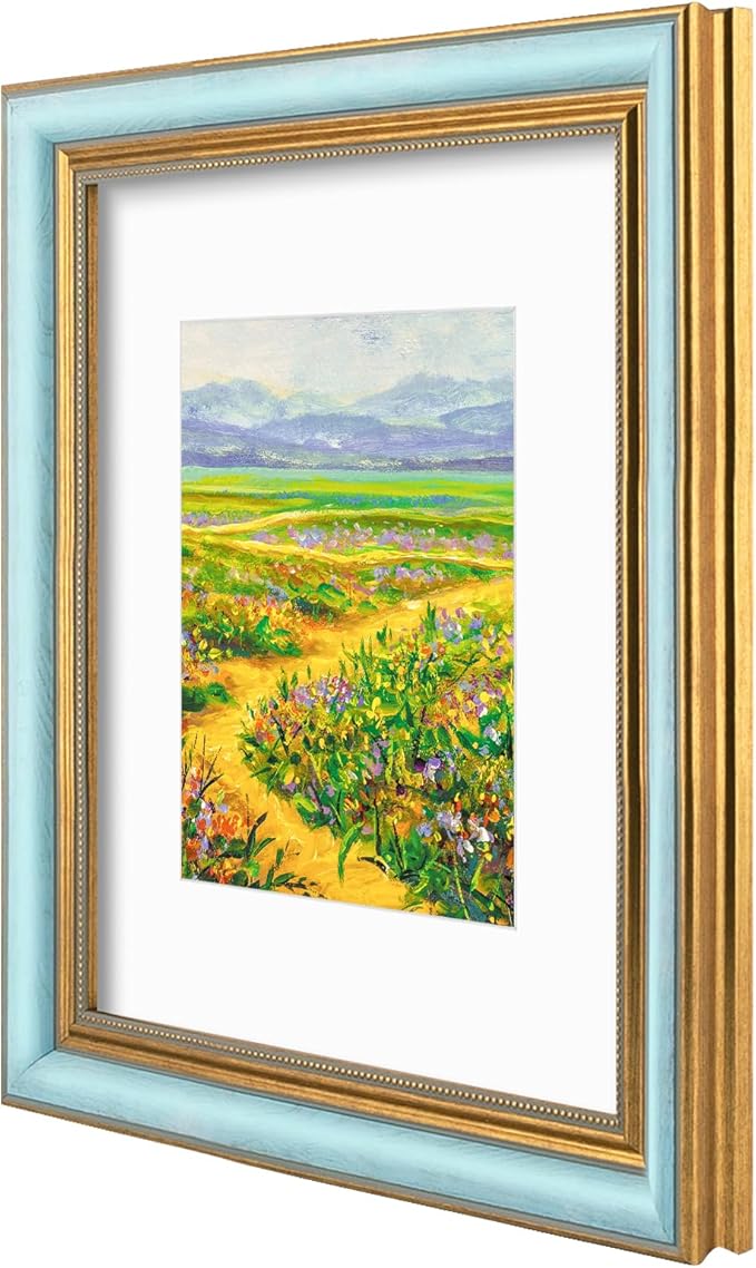 Golden State Art,11x14 Ornate Picture Frame for 8x10 Photo with Mat or 11 x 14 Prints Without Mat, Real Glass Wall Display Horizontally or Vertically (Color:Blue Gold)
