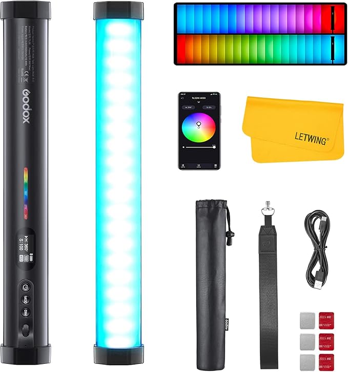 Godox TL30 Tube Light, Magnetic RGB Led Video Light Wand Stick, CRI 97+ TLCI 99+, 2700K~6500K, Dimmable Handheld LED Stick Light Bar w/2900mAh Battery, 37 FX, APP Control for Photography Video