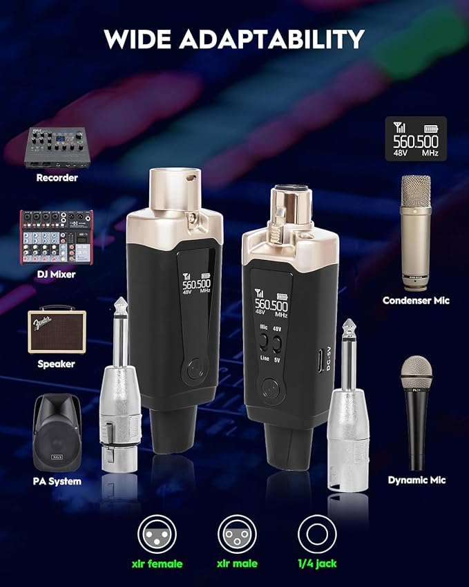 STRICH M2 UHF Wireless Microphone System XLR Mic Adapter 16 Channels, Transmitter and Receiver for Dynamic Microphone, Supports 9-24V Phantom Power Supply, Compatible with Audio Mixer PA Speaker