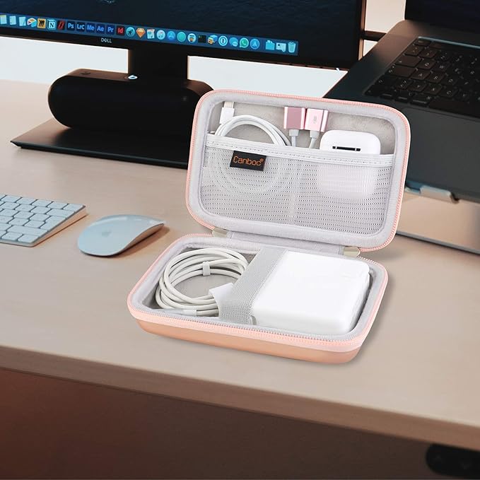 Canboc Carrying Case for MacBook Air Pro Charger MagSafe/MagSafe 2 Power Adapter, iPhone 16/16 Pro MagSafe Charger, USB C Hub, Type C Hub, USB Multiport Adapter, Hard EVA Bag, Rose Gold