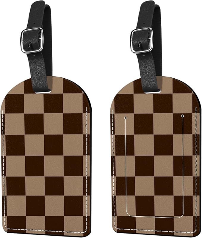 2 Pack Luggage Tag Suitcase Tags PU Leather Identifiers Privacy Cover Luggage Tags Aesthetic Cute Travel Bag Labels for Women Girls Men-Brown Checkered