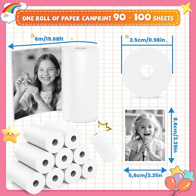 10 Rolls Kids Camera Paper Roll Refill - HD kids camera instant print paper, 55x25mm Print 180 Sheets with Cute Stickers, Scratch-Resistant, BPA Free, Suitable for 99% of Instant Print Camera for Kids