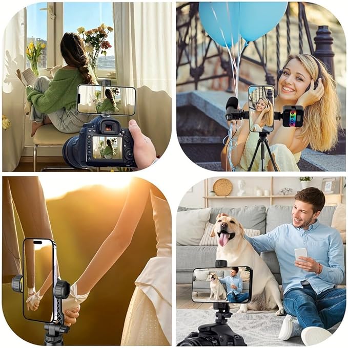 Dual Cold Shoe Phone Mount Holder — Universal Adjustable Smartphone Clamp with Dual Cold Shoe Mounts for Microphone & LED Light, 360° Rotating Ball Head, 1/4"-20 Tripod Screw Compatible