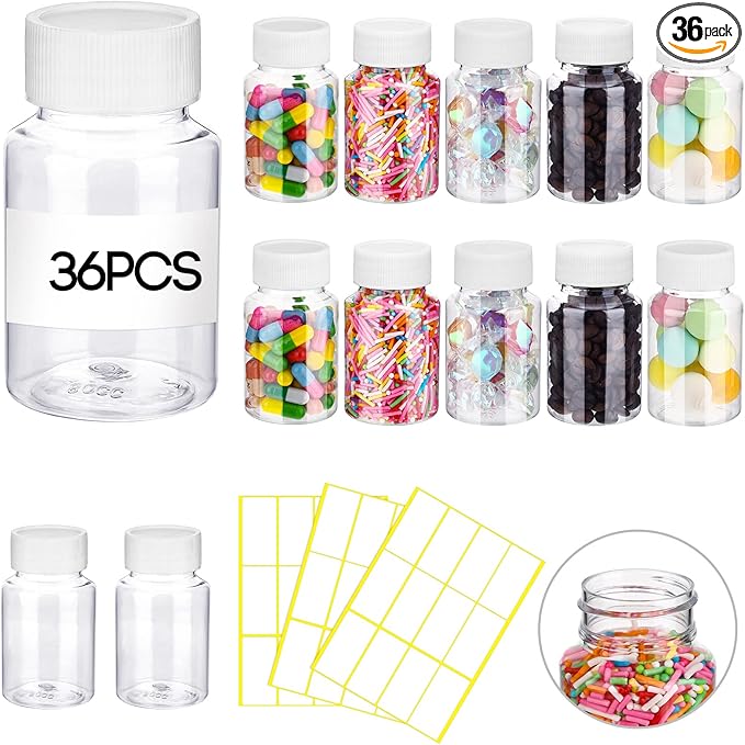 Vesici 36 Pcs 80 ml Clear Pill Bottle Plastic Medicine Empty Reagent Bottle with White Screw Cap Solid Powder Case Refillable Containers with Label Sticker for Liquid Solid Powder Medicine