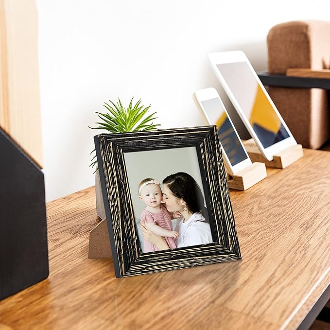 4 x 4 Picture Frames Square Wood Black Distressed Simple Striped Border Designed Wooden Photo Frame with HD Glass for Tabletop Display Wall Mount Wedding Baby Family Farmhouse Collage Home Office Decor