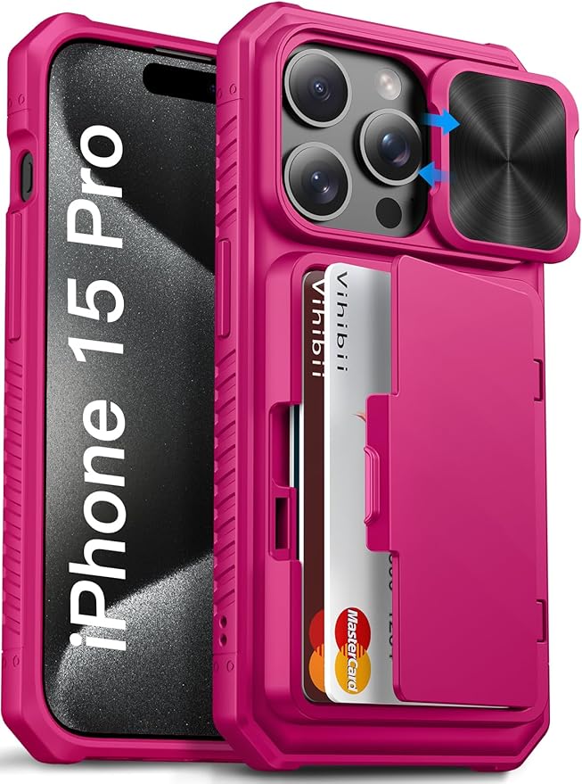 Vihibii for iPhone 15 Pro Case with Card Holder (4 Cards) & Slide Camera Cover & Kickstand, Shockproof Rugged Hard Back & TPU Soft Edge Wallet Phone Case for iPhone 15 Pro 5G 6.1" 2023 (Pink)