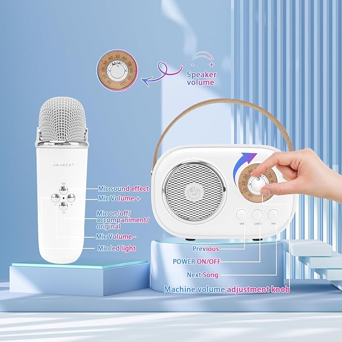 Mini Karaoke Machine for Kids,Portable Bluetooth Speaker with 2 Wireless Microphone,Toys for Girls Boys Gifts,Retro Speaker Set Stereo Sound Enhanced Bass for Home Party Birthday (White)