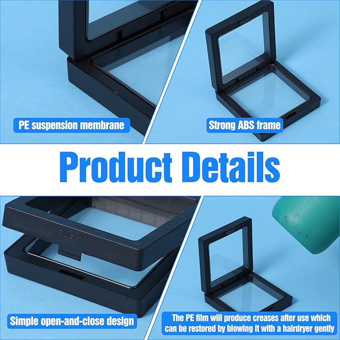 60 Pcs 3D Floating Display Case with Stand, 2.8 x 2.8 x 0.8 Inch Black Challenge Coin Display Case Clear Film Jewelry Storage Holder for Jewelry, Specimen, Rock
