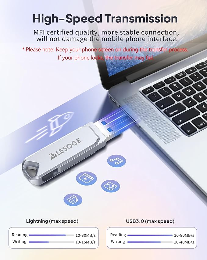 MFi Certified Flash Drive 256GB for iPhone USB Memory Stick, USB Stick High Speed Thumb Drives Photo Stick External Storage for iPhone/iPad/Android/PC