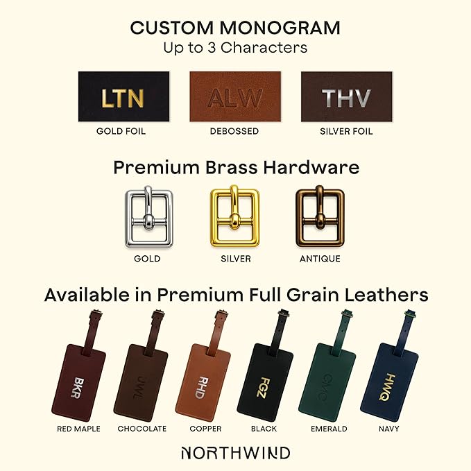Northwind Personalized Leather Luggage Tag – Made in USA - Custom Monogrammed Travel Bag Tag, Handmade Premium Leather with Secure Strap, Durable Travel Accessory Gift for Men Women Travelers