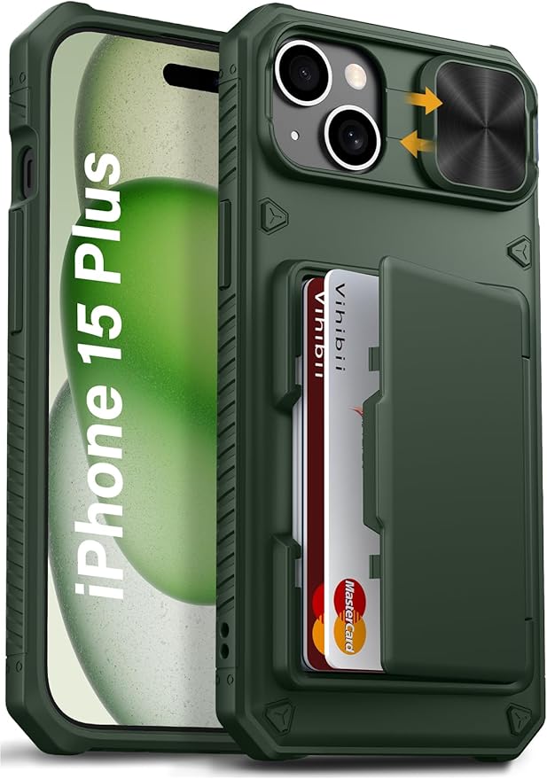 Vihibii for iPhone 15 Plus/iPhone 14 Plus Wallet Case, Built-in Card Holder (4 Cards), [RFID Blocking] & Slide Camera Cover, Military Grade Drop Protection, TPU Soft Edge Wallet Phone Case, Green