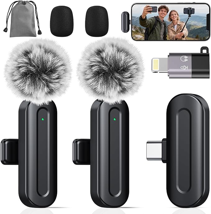 PQRQP Wireless Mini Microphone for iPhone/iPad/Android: 2 Pack Lavalier Microphone for Video Recording, High-Fidelity Audio iPhone Mic with USB-C for Content Creators, Bags & Cases