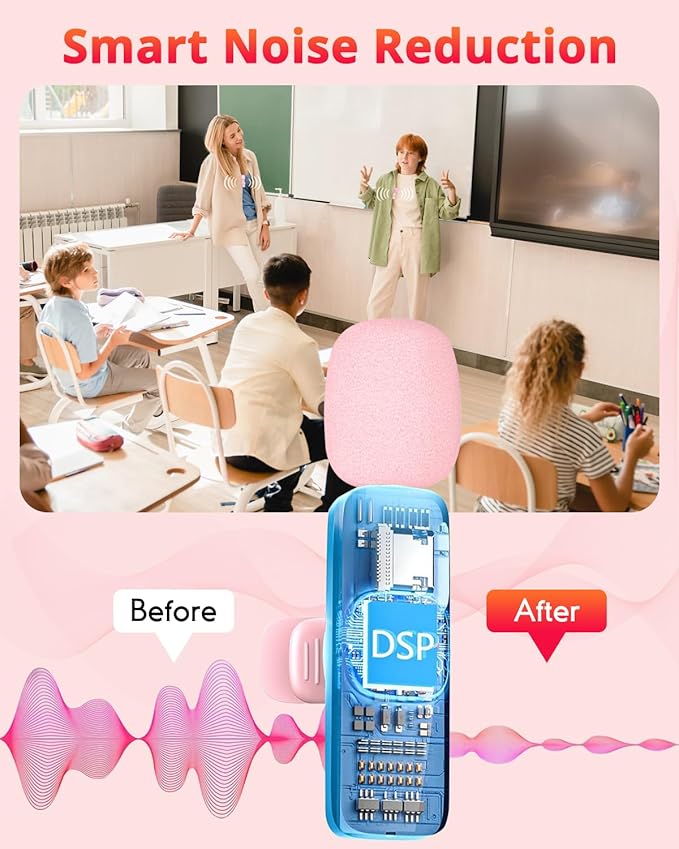 Pink Mini Wireless Microphone for iPhone & Android, Lavalier Microphone with Noise Cancellation, Plug & Play Pink Mic for YouTube, TikTok, Podcast, Live Stream