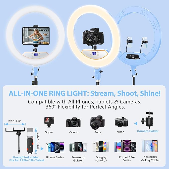 Ring Light 22inch Kit: Ring Light Tripod for iPhone ipad, with 75" Tripod/LCD Display/2 USB Ports Overhead Phone Mount for Video Recording, Zoom Meeting,YouTube,TikTok (Blue)