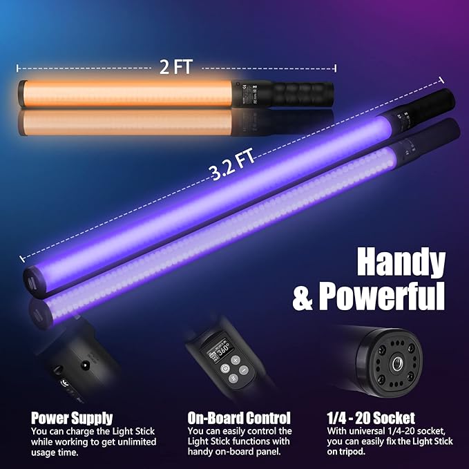 Mettlelite LS400C RGB LED Light Stick Full Color Continuous Output Video Light 2 ft with APP Control 2800K-8000K CRI96 TLCI97 RGB CCT HSI 10 Customizable Light Effects Built in Rechargeable Battery