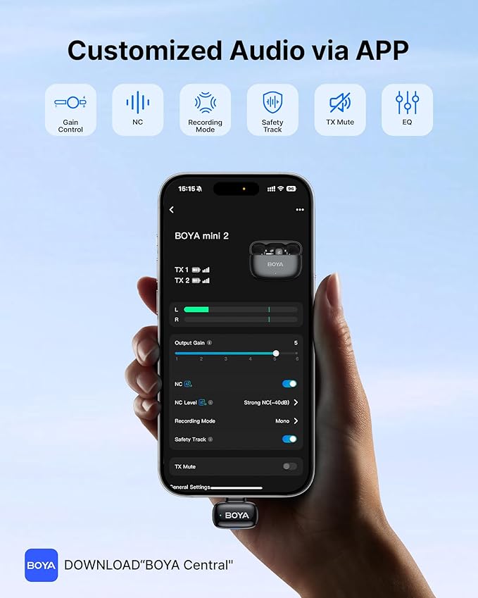 BOYA mini 2 Wireless Microphone for iPhone & Android, AI Noise Cancellation,App Control, 48k Hz/24 Bit, 30H Battery Life with Charging Case,Lapel Microphone Wireless for Video Recording Vlog Streaming