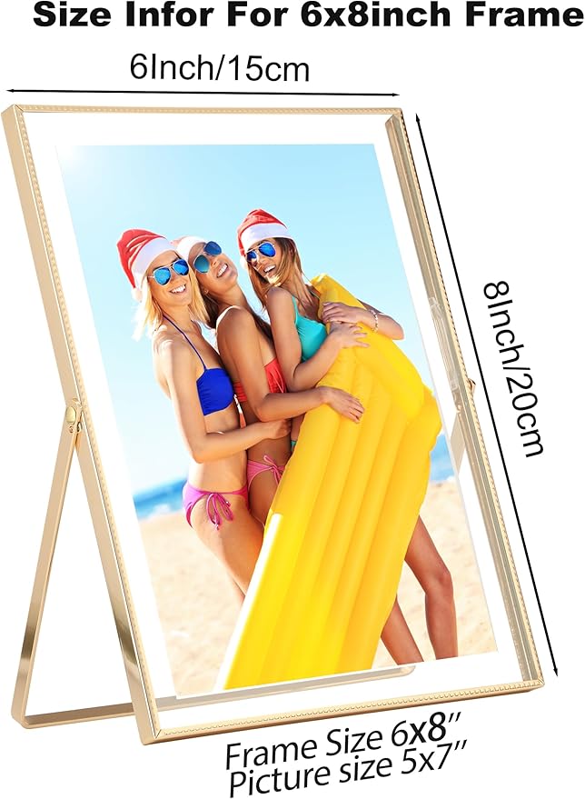 Gold 6x8''Floating Photo Frame Set of 2,For Photo Sizes (3.5x5''4x6''5x7''),Simple Metal beaded floating Picture Frames 5x7'' Gold for Tabletop/Shelf,Classy Gift Choice for Wedding,Thanksgiving