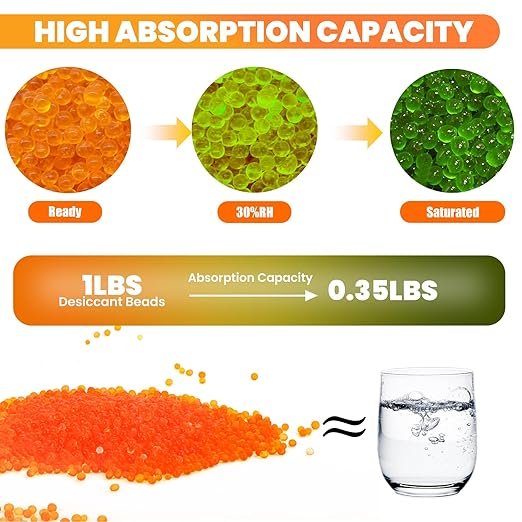 VOISEN 1LBS Orange Indicating Silica Gel Desiccant Beads,Reusable Desiccant Industry Standard 3-5 mm,Desiccant for 3D Printer,Electronic,Clothes,Painting,Jewelry