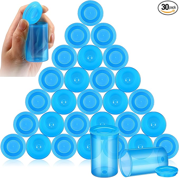 JOVITEC 30 Pack Plastic Film Canister Holder 35 mm Empty Camera Reel Containers Pill Medicine Bottles with Lids for Small Accessories, Prescription Medication, Vitamins, Coins, Art Beads(Blue)