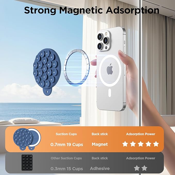 Magnetic Suction Cup Phone Mount, Compatible with MagSafe, Silicone Octo Cup Buddy Sticky Grip Holder for iPhone and Android, Removable Hands-Free Selfie/Video for TikTok, Azure Blue