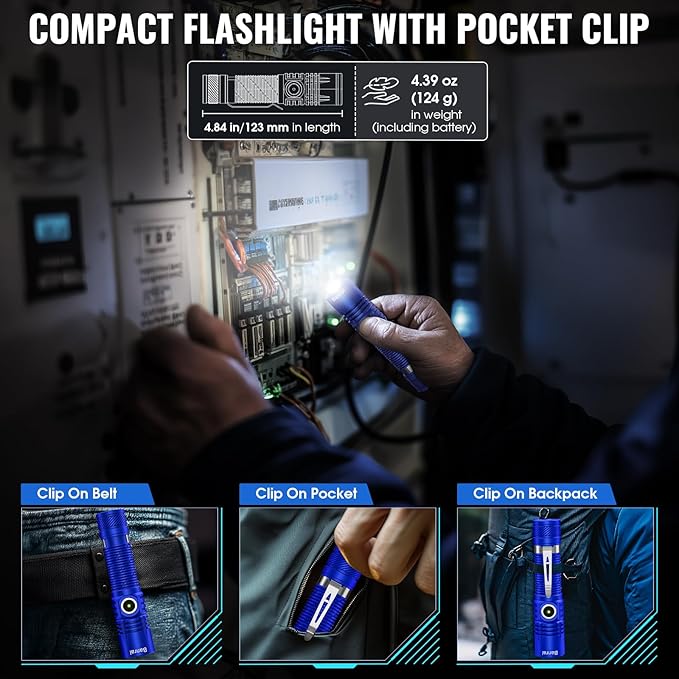 Banral Rechargeable Tactical Flashlights, High Lumens Small Mini USB-C LED Flashlight, Compact EDC Flash Light, 4 Modes&Memory Function, Waterproof Pocket Lights for Home,Camping,Emergency (1, Blue)