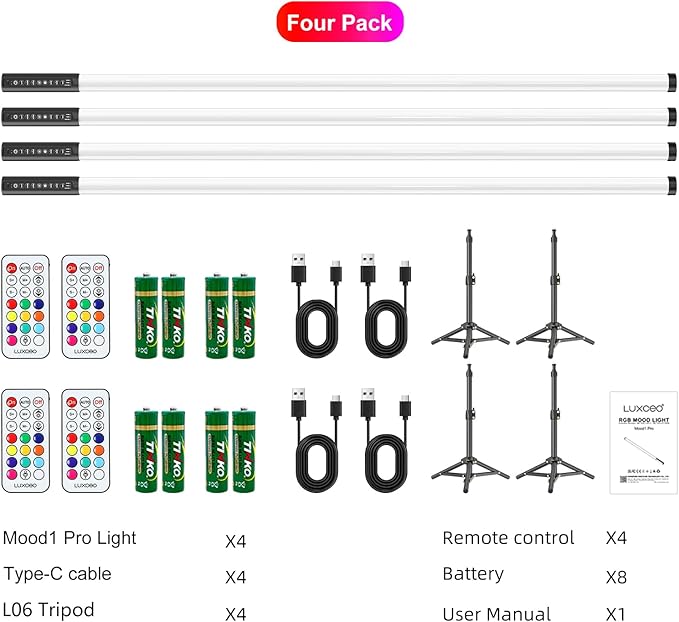 4 Pack RGB DJ Tube Lights 4ft LED Video Stick Lights with Stand 5000mAh Battery Powered Color Neon Light Bar for Parties Dance 360 Photo Booth Studio Photography Wedding Stage Lighting